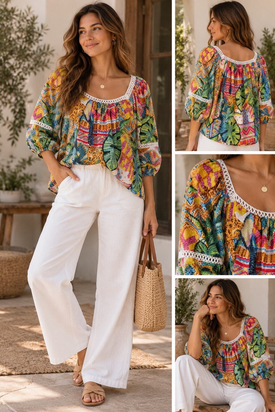 Farm Rio Lace Inset Peasant Blouse Floral Tropical Sz XS MultiColor 100% Cotton